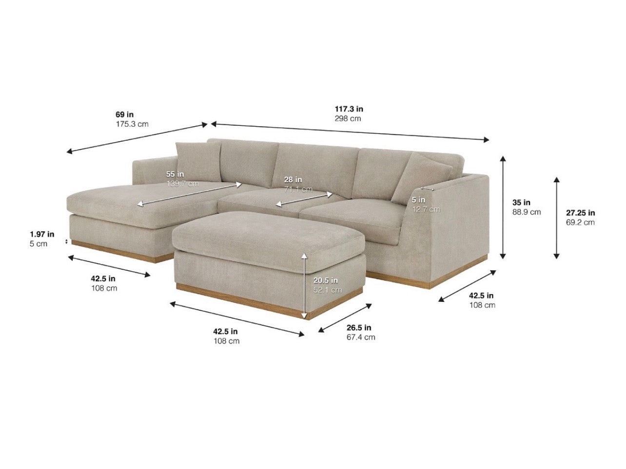Henredon Caley Reversible Sofa Chaise with Ottoman