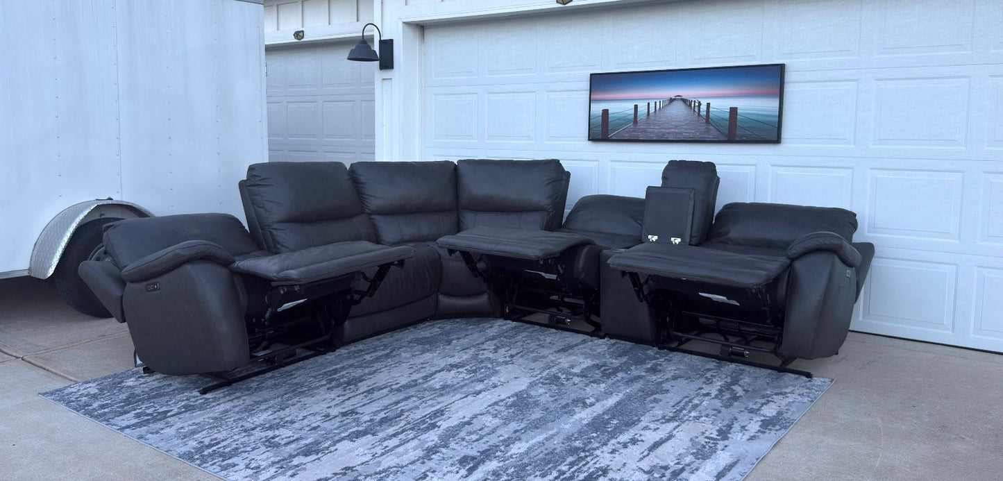 Gray Leather Power Sectional