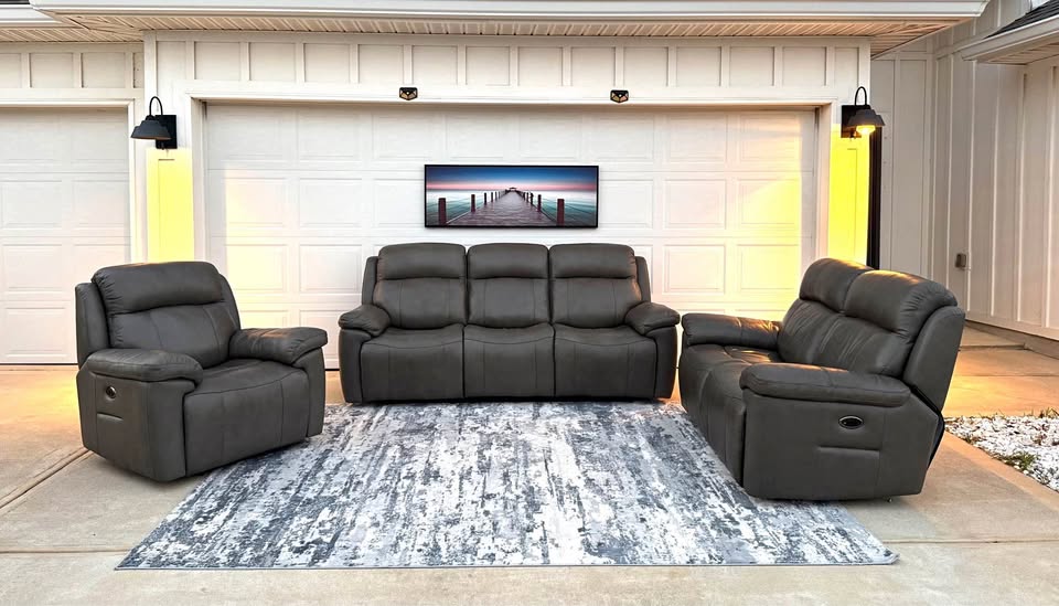 Grey 3-piece Top-grain Leather Triple Power Motion Living Room Set