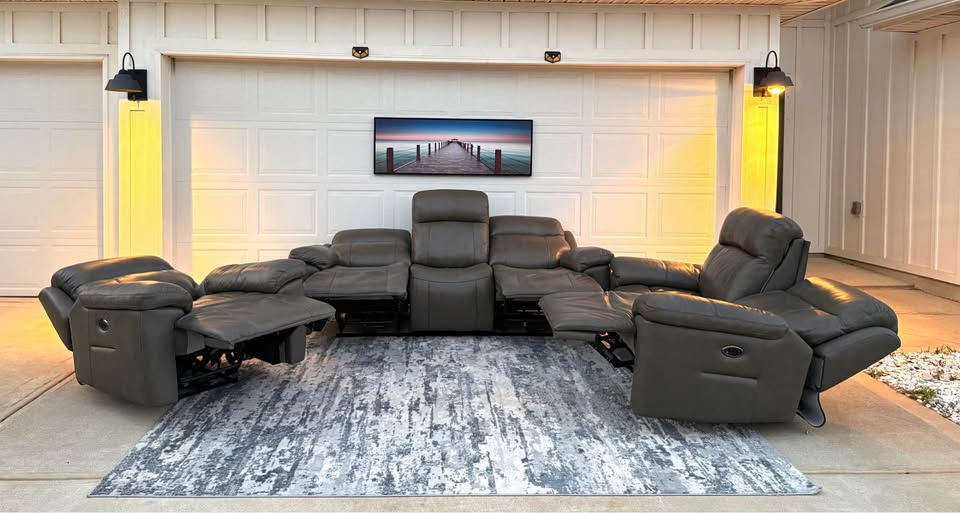 Grey 3-piece Top-grain Leather Triple Power Motion Living Room Set