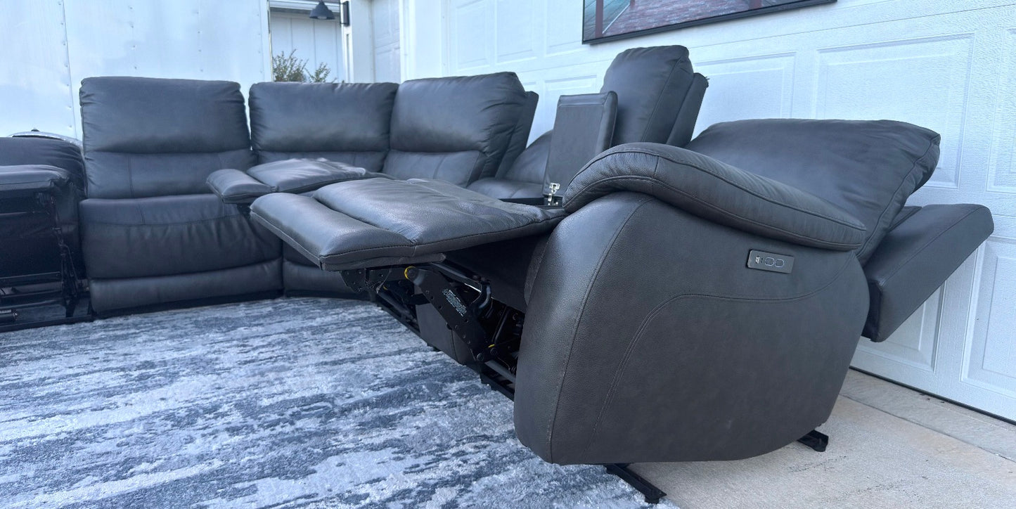 Gray Leather Power Sectional