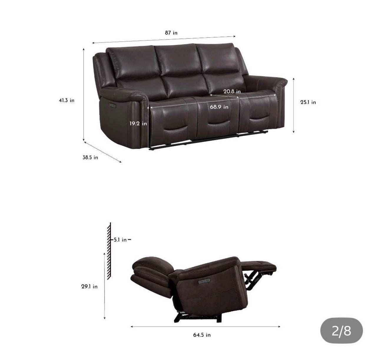 Set of Two Dark Brown Power Recliner Sofas With Head Tilt