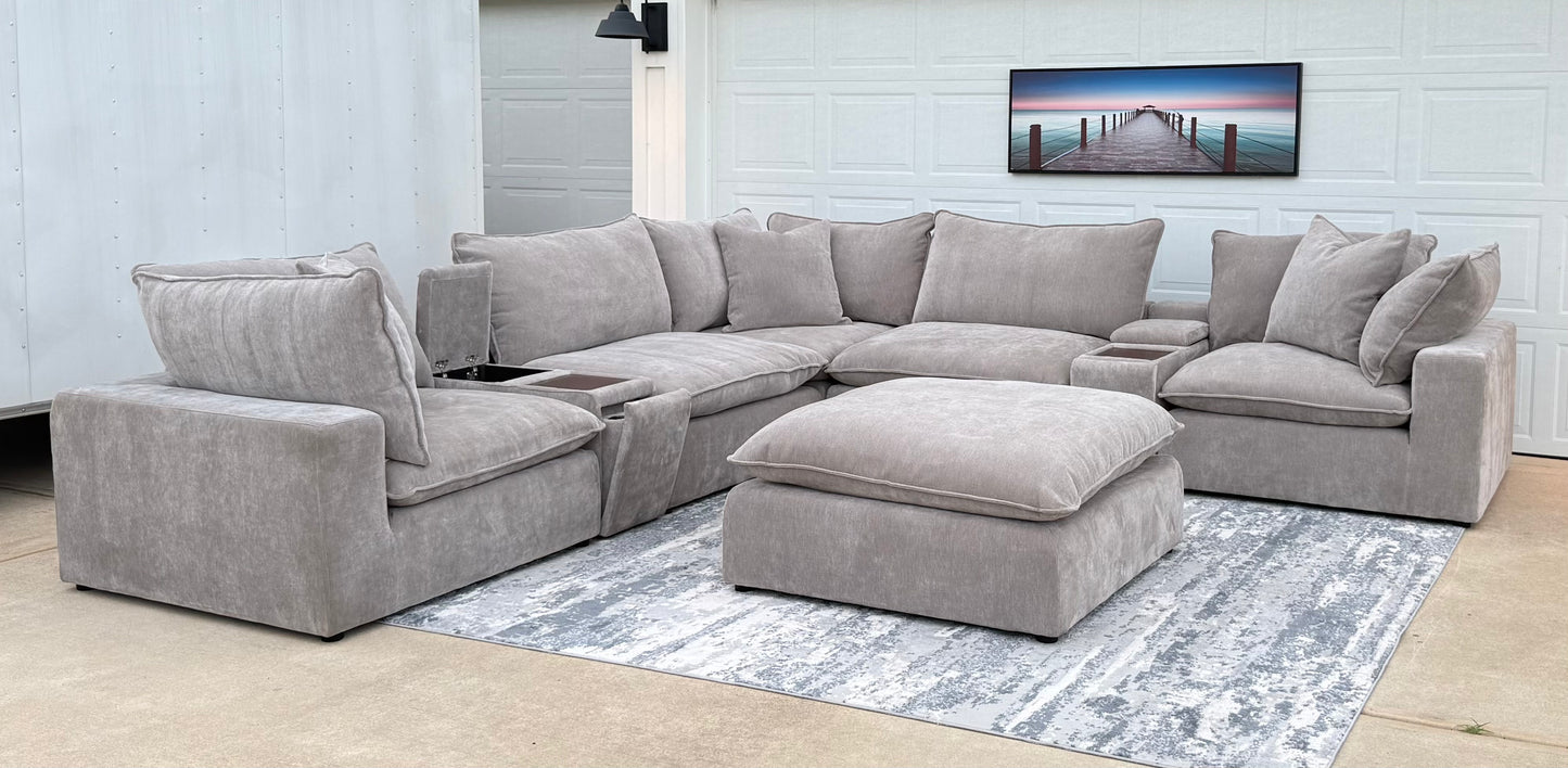 Taupe Modular Sectional  – Storage Consoles with Wood Tray