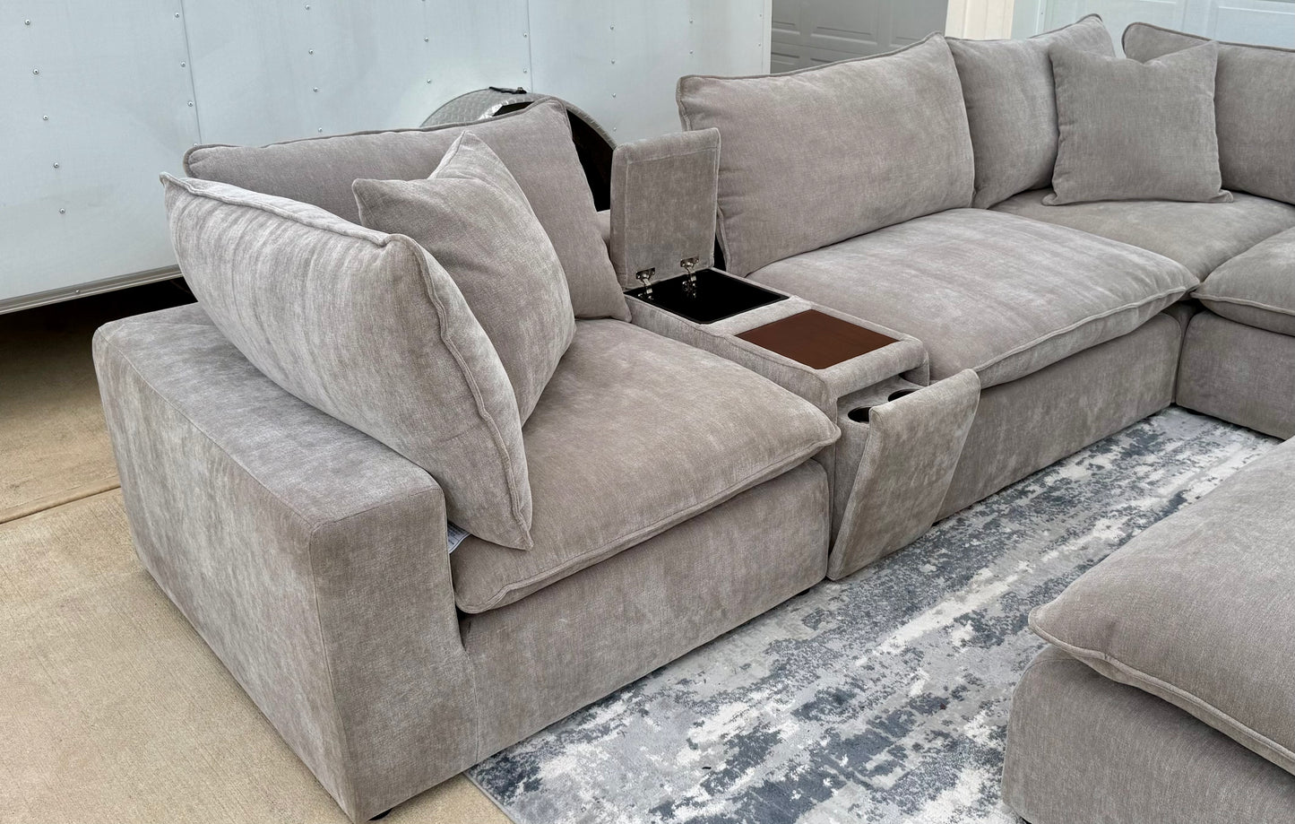 Taupe Modular Sectional  – Storage Consoles with Wood Tray
