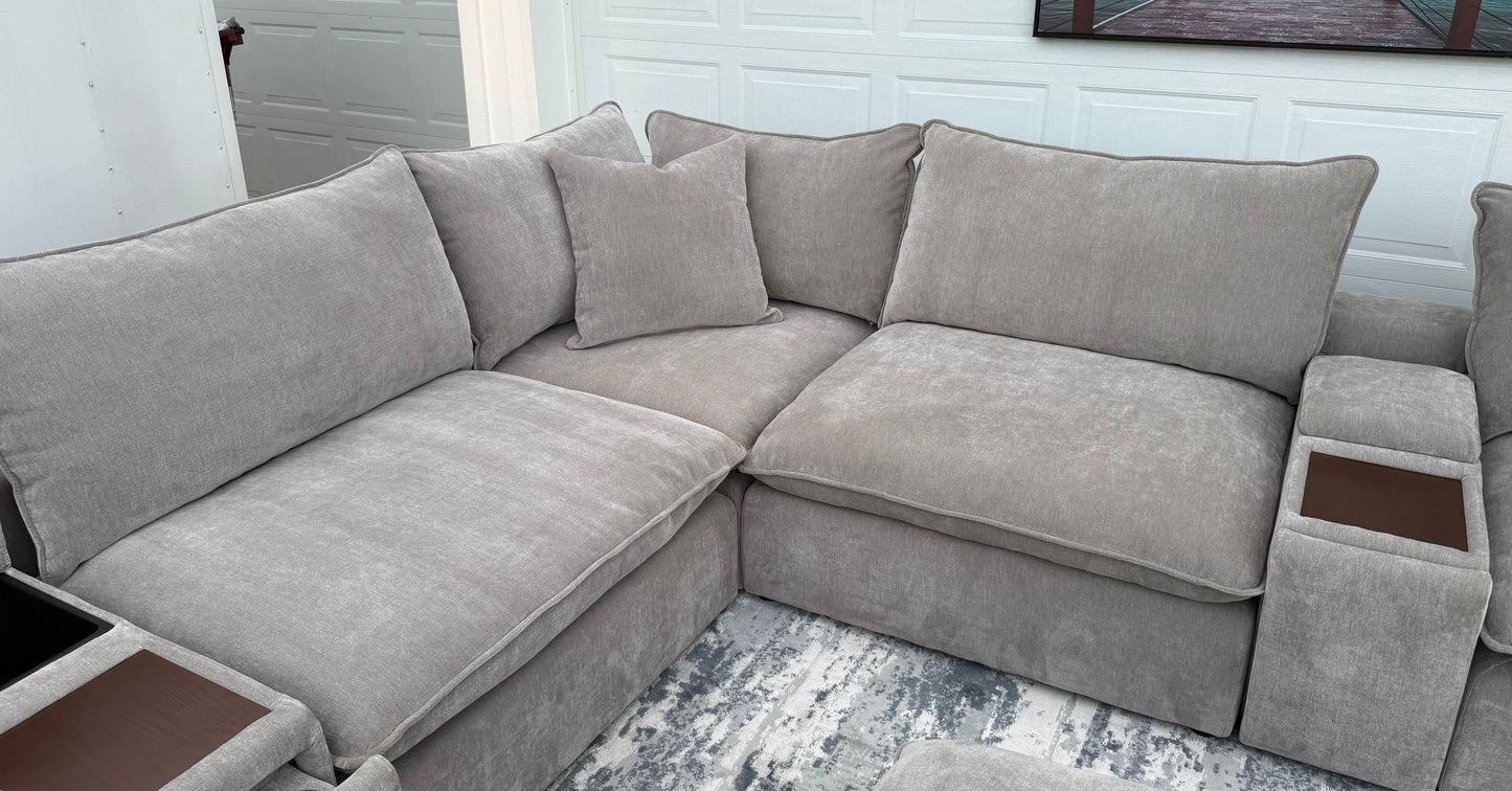 Taupe Modular Sectional  – Storage Consoles with Wood Tray