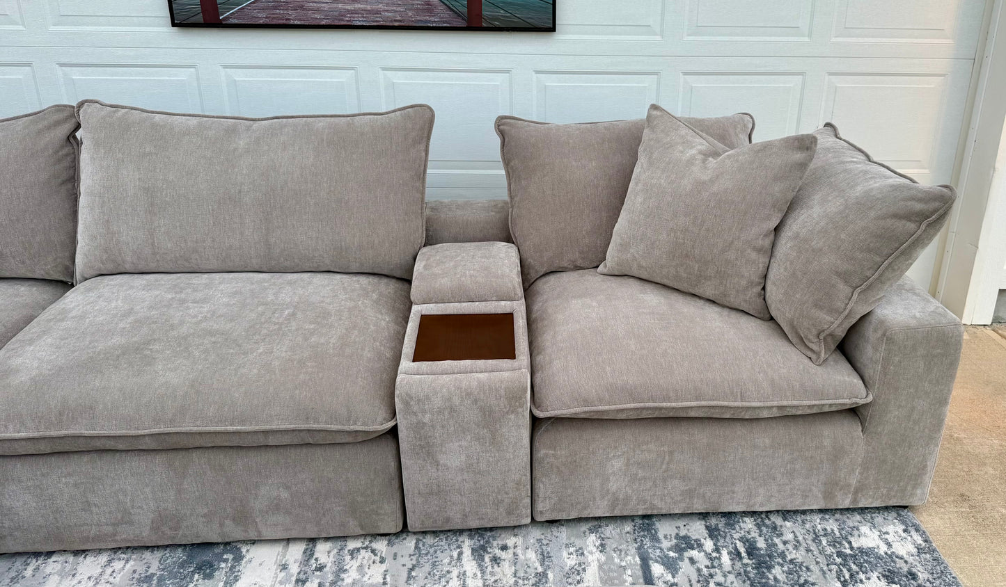 Taupe Modular Sectional  – Storage Consoles with Wood Tray