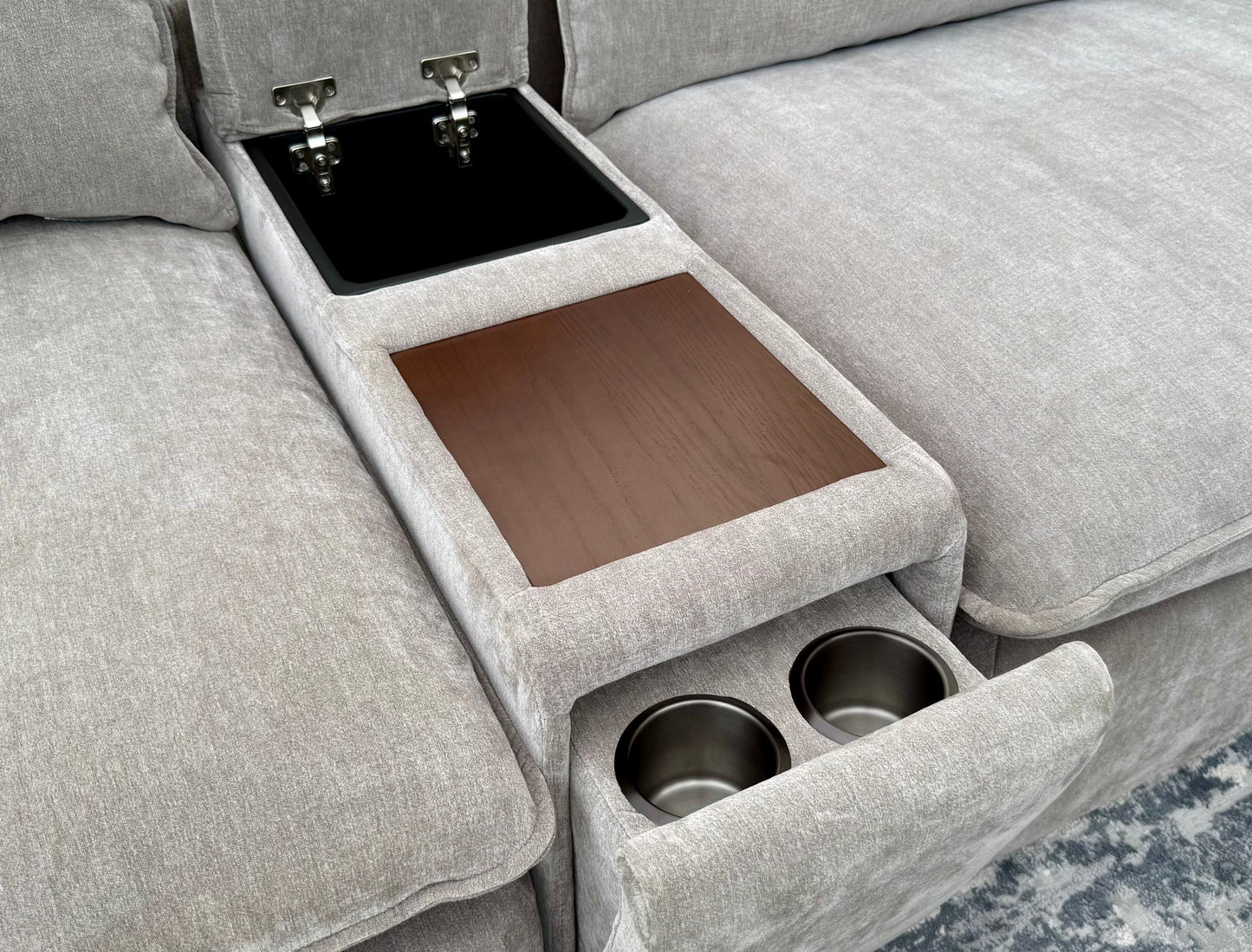 Taupe Modular Sectional  – Storage Consoles with Wood Tray
