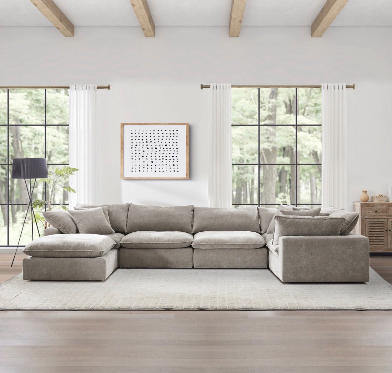 Taupe Modular Sectional  – Storage Consoles with Wood Tray