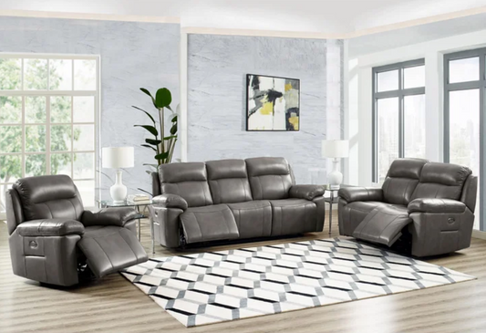 Grey 3-piece Top-grain Leather Triple Power Motion Living Room Set