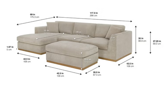 Henredon Caley Reversible Sofa Chaise with Ottoman - Taupe